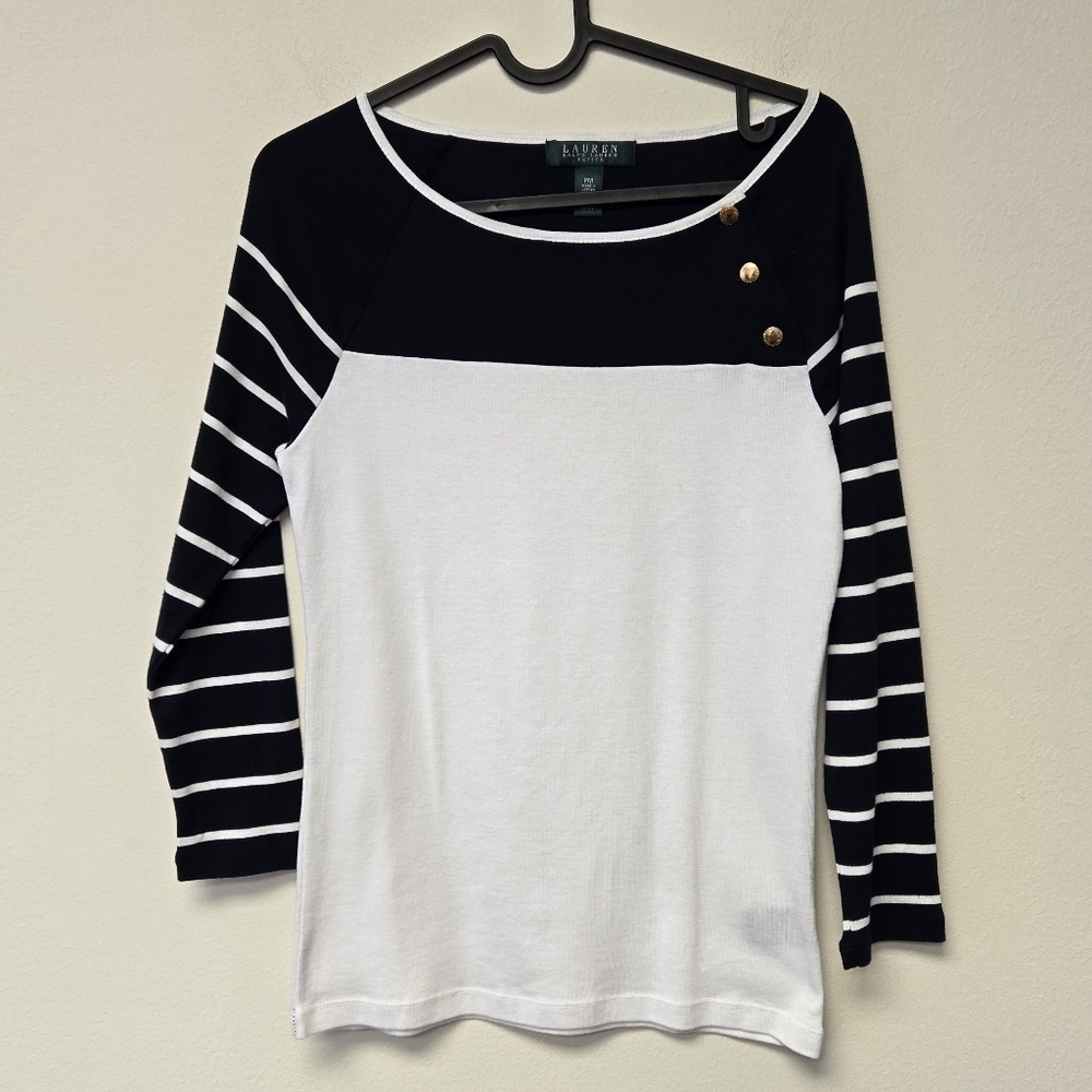 Lauren Ralph Lauren Petite 3/4 Sleeve Stripe Top White Navy PM